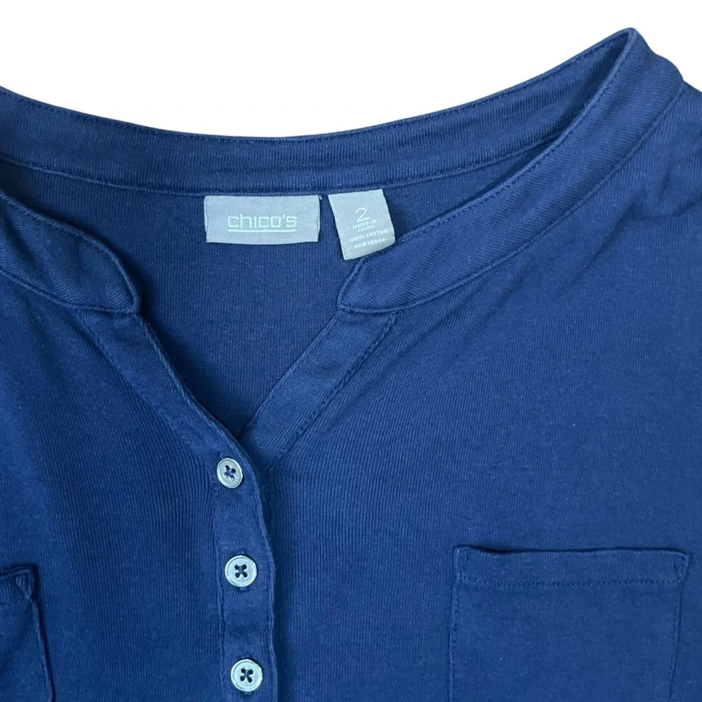 Chico’s Blue Relaxed Fit Henley Blouse | Mandarin Collar 3/4 Sleeve Casual Top